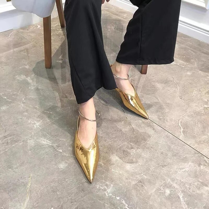 VCSHOES Gold Patent Leather Pointed Toe Shallow Pumps Solid Flat With Slipper Slingback Women High Heel Party Shoe