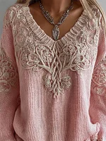 Vintage Pink Tree Of Life V Neck Cozy Knit Sweater