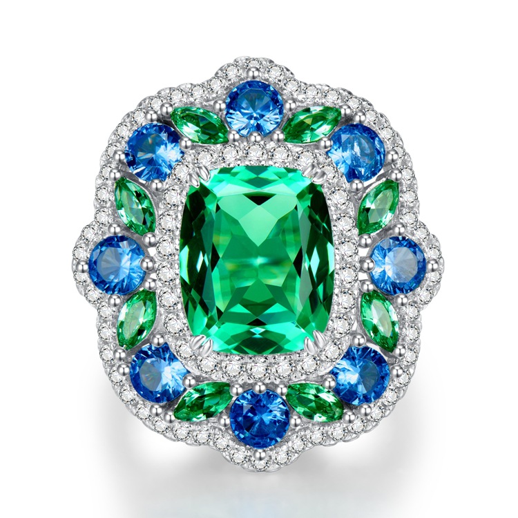 MIKAMU S925 Silver Secret Garden 8*10mm Green Tourmaline Vintage Gemstone Luxurious Ring