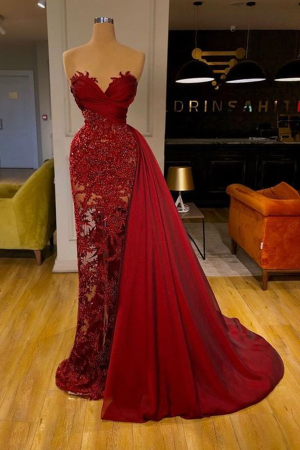 Elegant Burgundy Lace Appliques Prom Dress With Ruffles Sweetheart - lulusllly