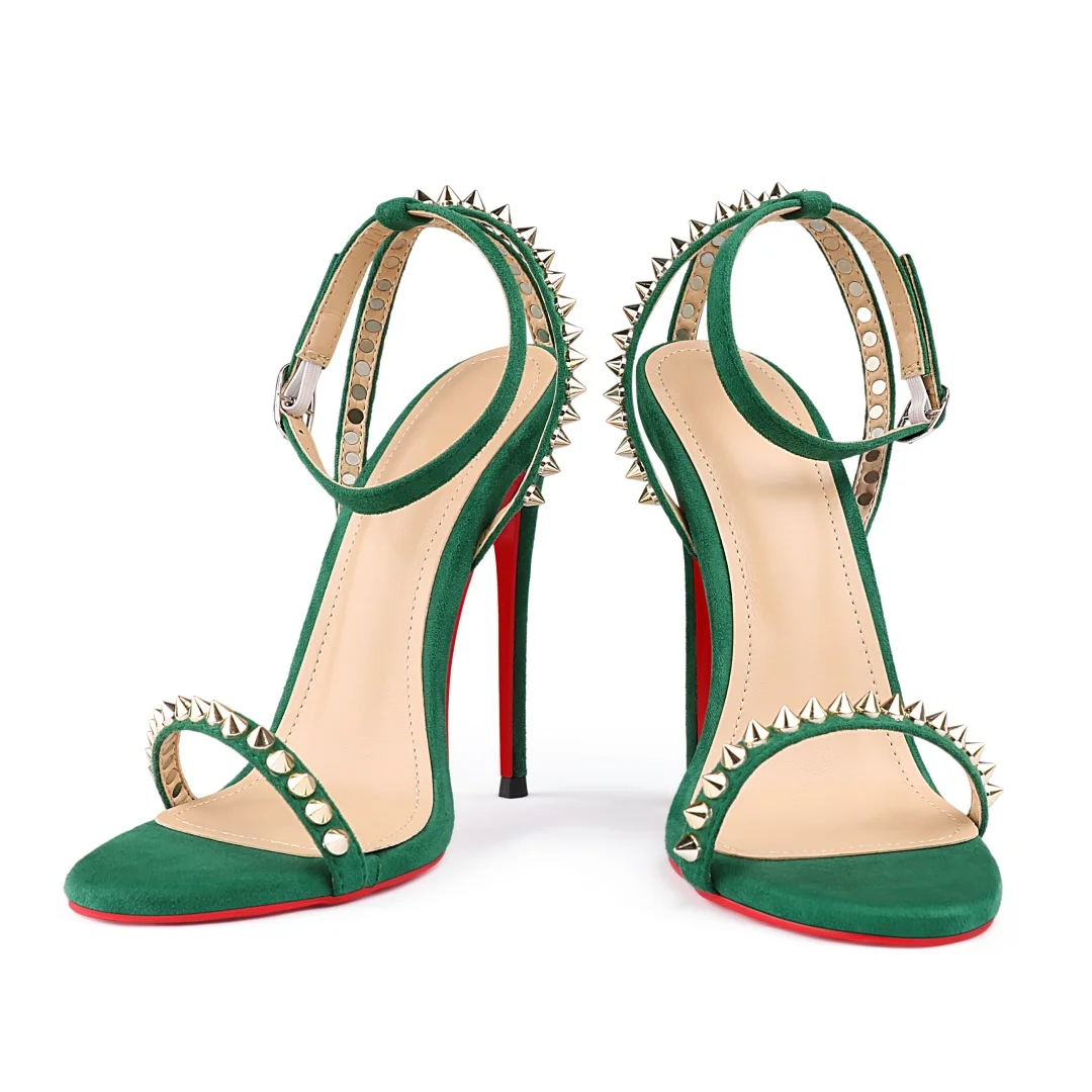 120mm Women's Sandals Stiletto Red Bottom High Heels Open Toe Ankle Strap Rivet Studs Shoes-MERUMOTE