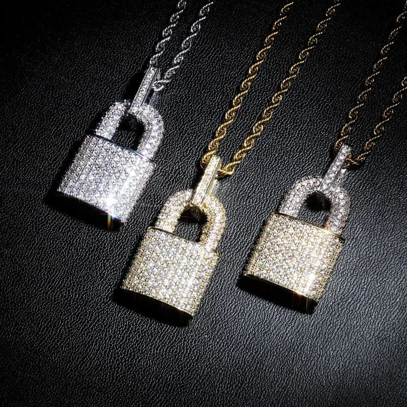 Iced Out Lock Mens Pendant Necklace in White Gold( 24 inches)