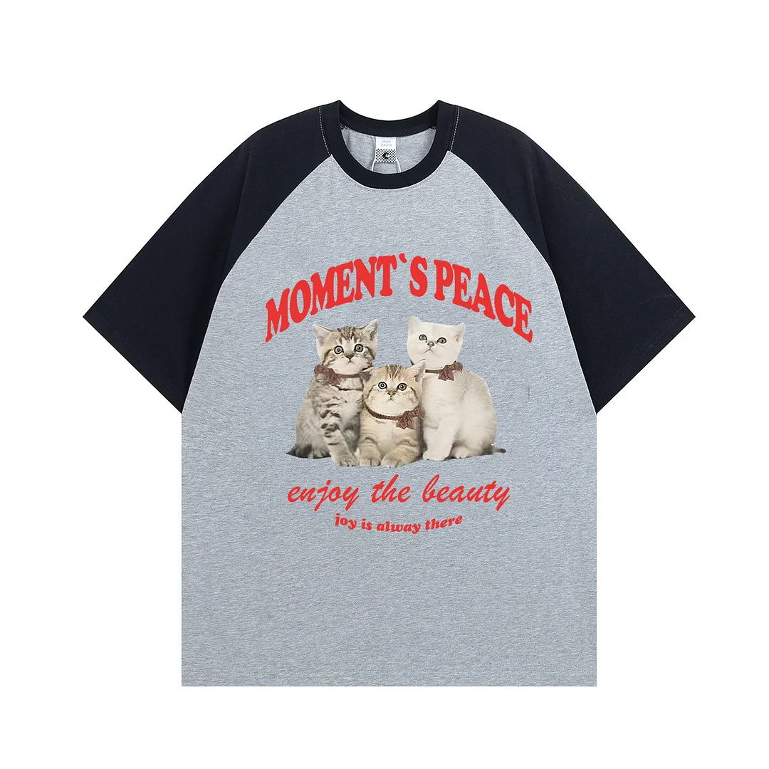 American Raglan Sleeve Short Sleeve T-shirt Men's Slim Elastic Retro Cute Cat Print Loose Couple T-shirt