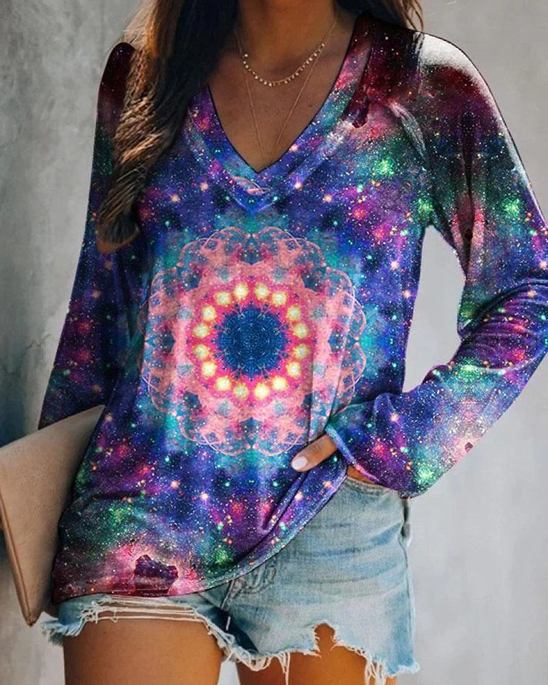 Women's tie-dye printed casual long-sleeved T-shirt-121408