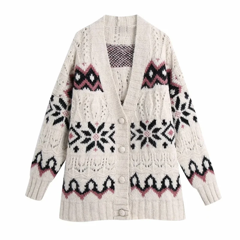 Floral Argyle Jacquard Cardigans Women Fashion Chic Hollow Out Knitted Sweater Female V-Neck Buttons Sweaters