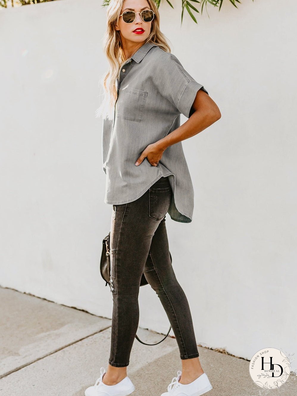 Chic Boyfriend Style Denim Shirt with Short Sleeves