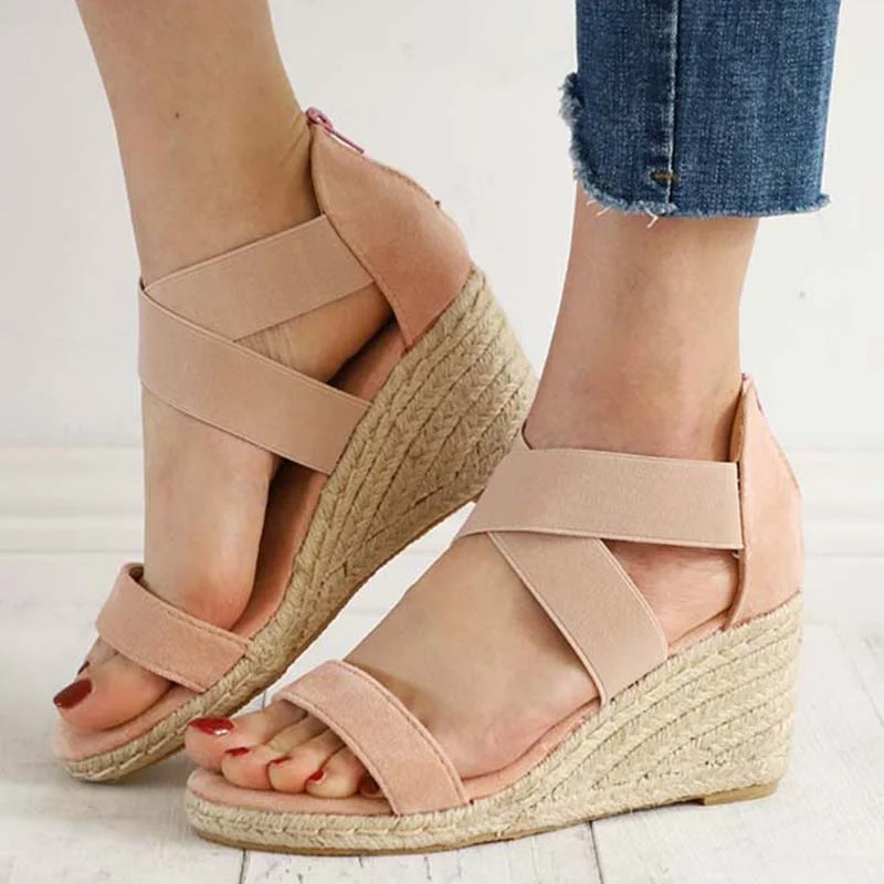 Summer Sandals Women Wedges Elastic Band Peep Toe Woman Shoes Cross Light Platform Hemp Bottom Ladies Female Sandals Shoes