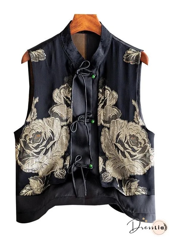 Handmade Black Stand Collar Embroideried Button Silk Cardigans Sleeveless