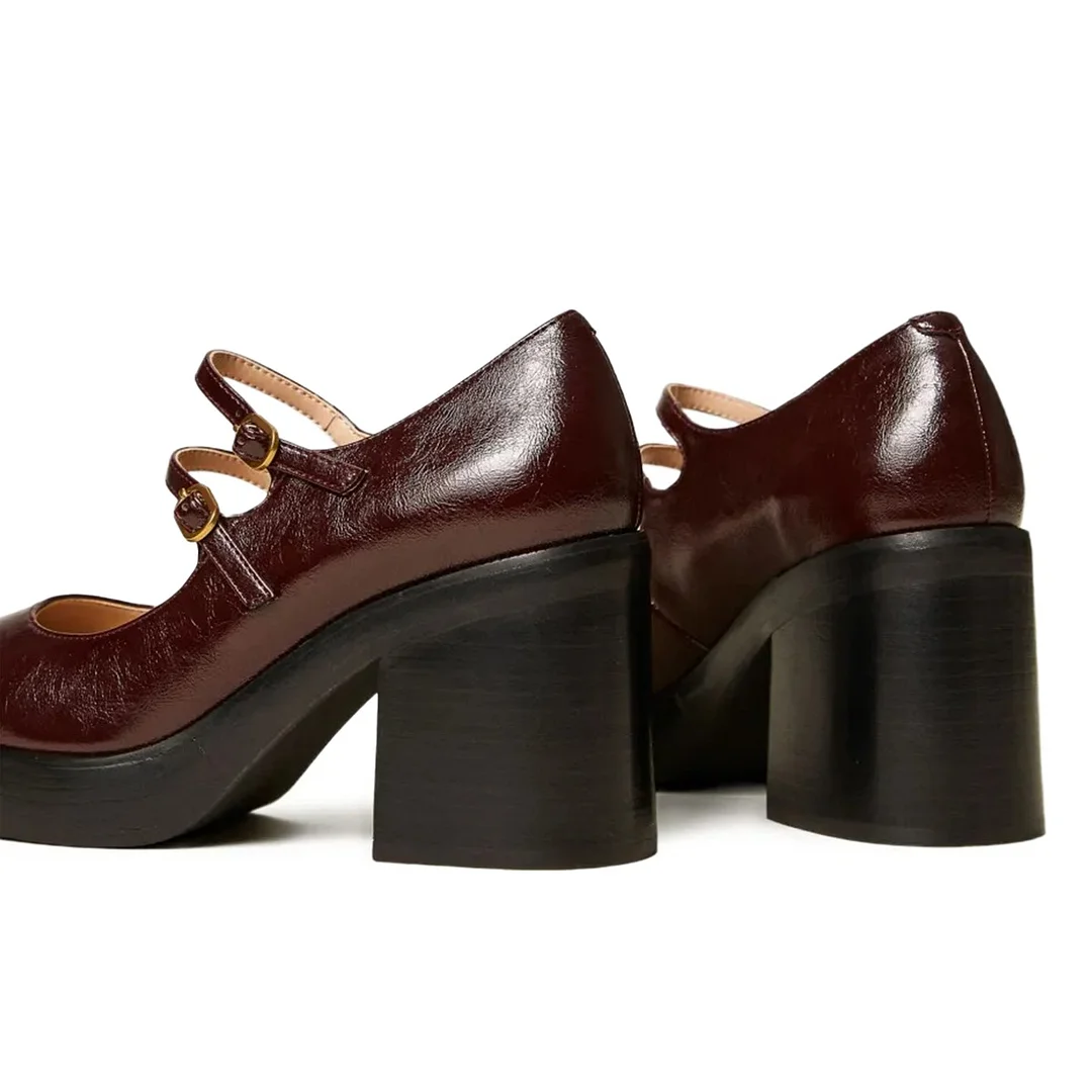 Round Toe Chunky Heel Buckle Strap Comfy Platform Mary Janes in Brown