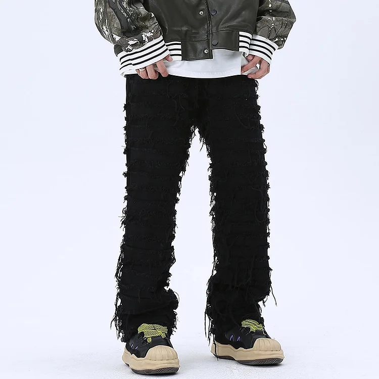 High Street Ripped Hip Hop Baggy Oversized Striped Tassel Men's Straight Jeans at Hiphopee