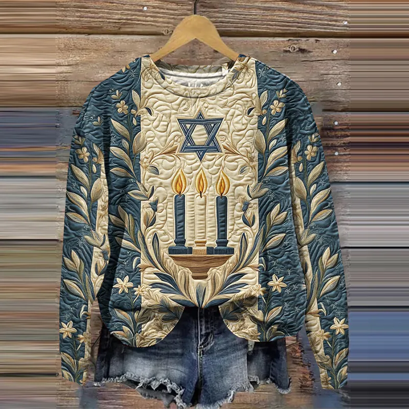 Women's Hanukkah Menorah Flower Print Casual Sweatshirt