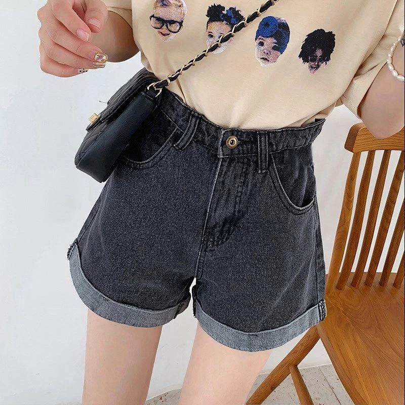 FTLZZ New Summer Women Vintage Wide Leg Blue Denim Shorts Casual Female Streetwear Loose Solod Color Jeans Shorts