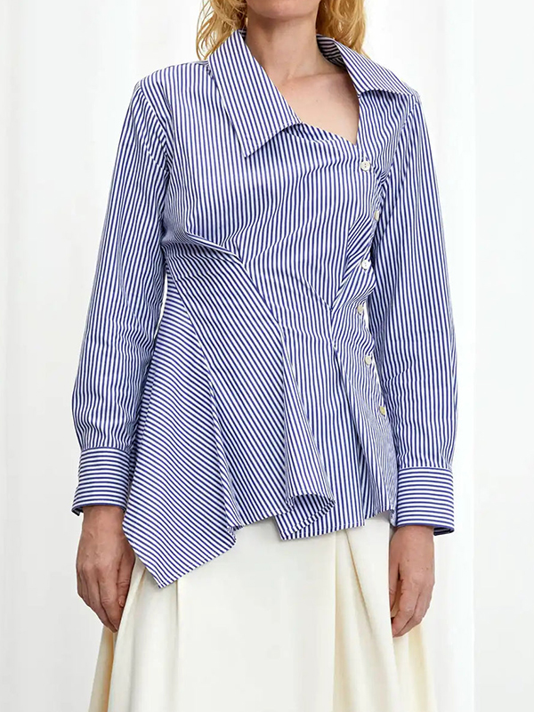 Long Sleeve Striped Irregular Ruffled Hem Blouses