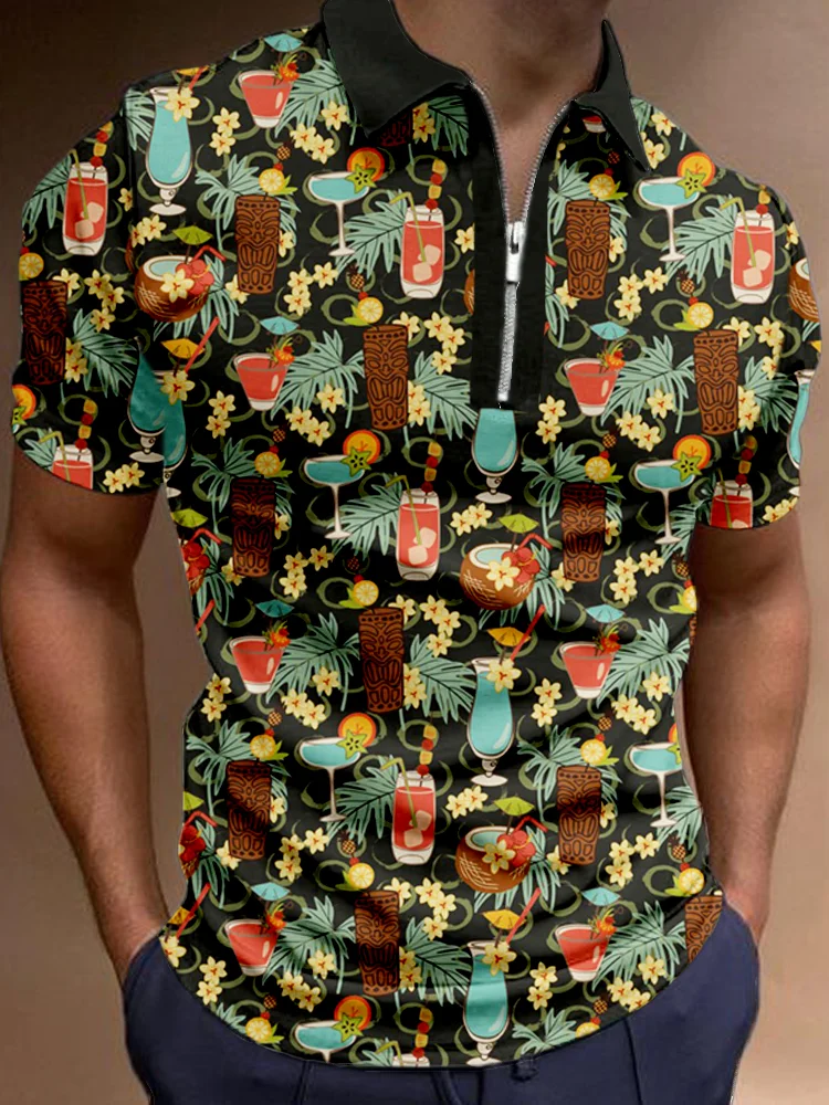 Hawaiian Village Beach Party Pattern Zip Up Polo Shirt