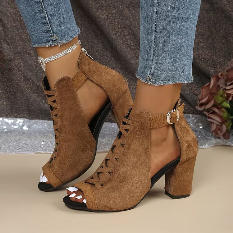 Women's Open-toe Chunky Heel Zipper Suede Sandals