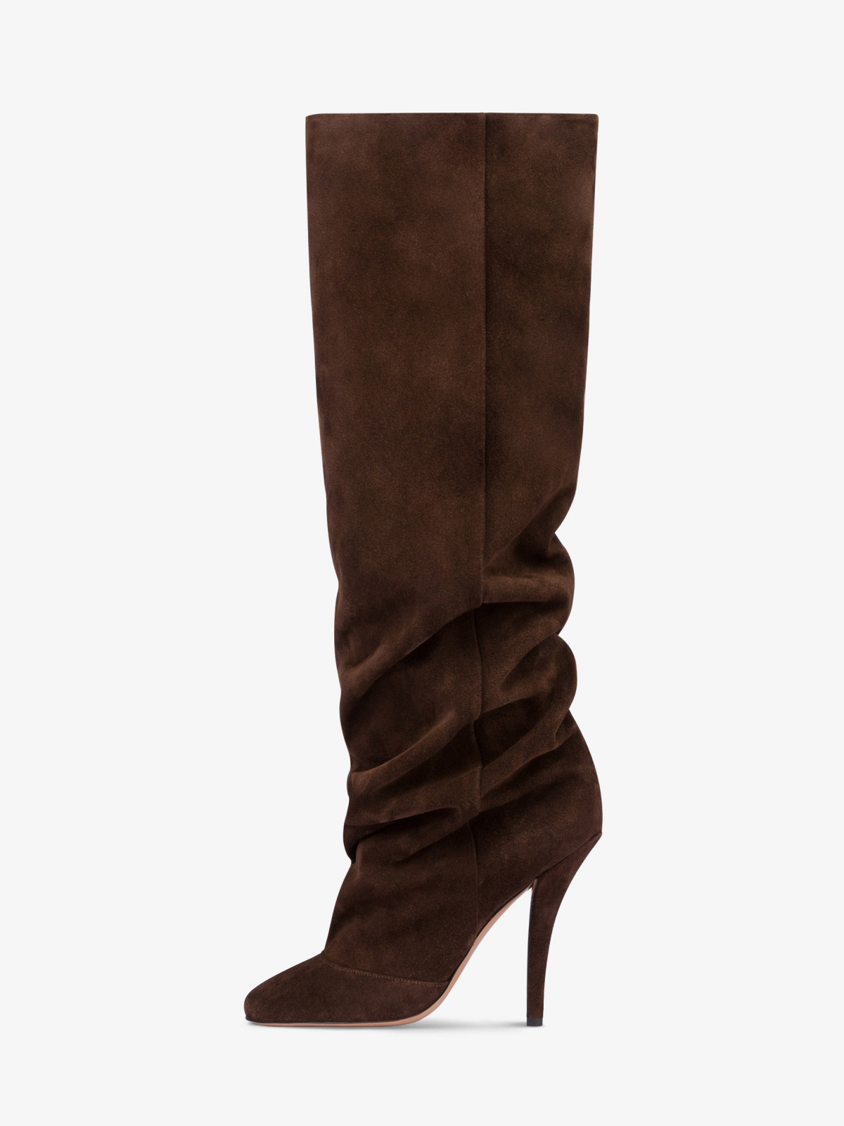 Taafo Brown Faux Suede Round-Toe Light Slouchy Wide Calf Knee High Stiletto Boots