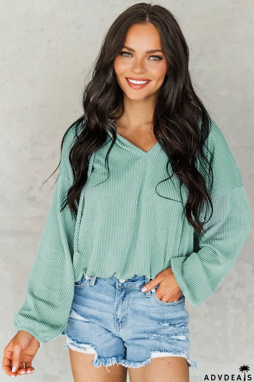 Green Loose Fit Ribbed V Neck Hoodie