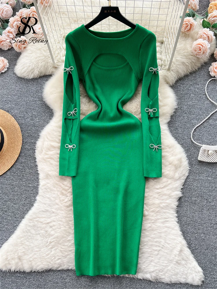 Huibahe 2024 Autumn Knitted Chic Dress O Neck Hollow Out Long Sleeves Bows Decoration Solid Women Slim Fit Bodycon Party Dress