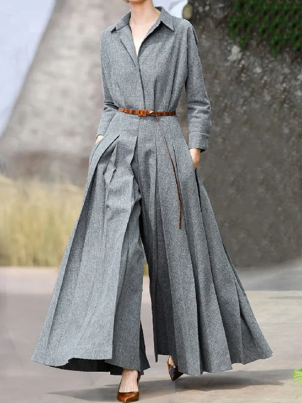 Long Sleeves Pleated Lapel Wide Leg Jumpsuits