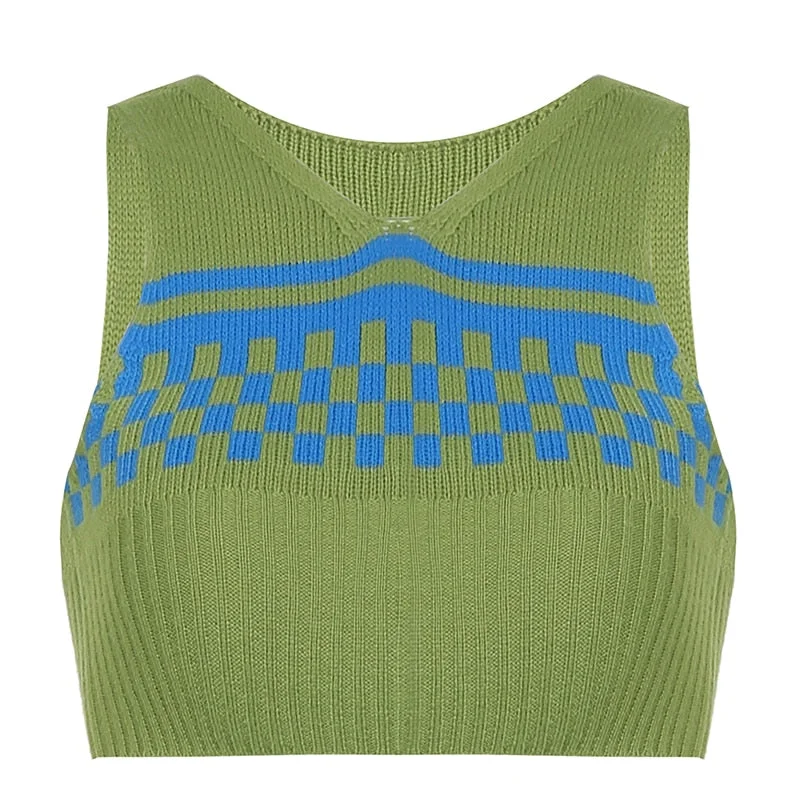 HEYounGIRL V Neck Y2K Green Vintage Knitted Sweater Vest Autumn Casual Sleeveless Crop Top Pullover Preppy Style Knitwear Jumper