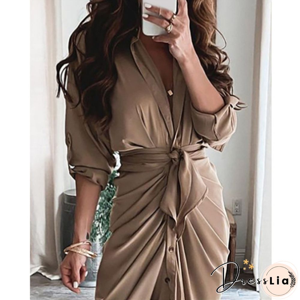 Women's Fashion Summer Long Sleeve V-Neck Button Print Dress Long Skirt
