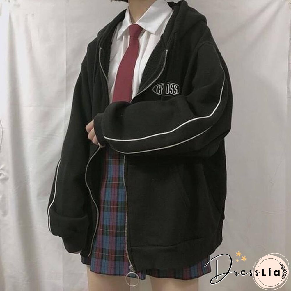 streetwear Harajuku Oversized sweatshirt women print Letter zip up Hoodies Student Plus Size Outwear Female Loose tops