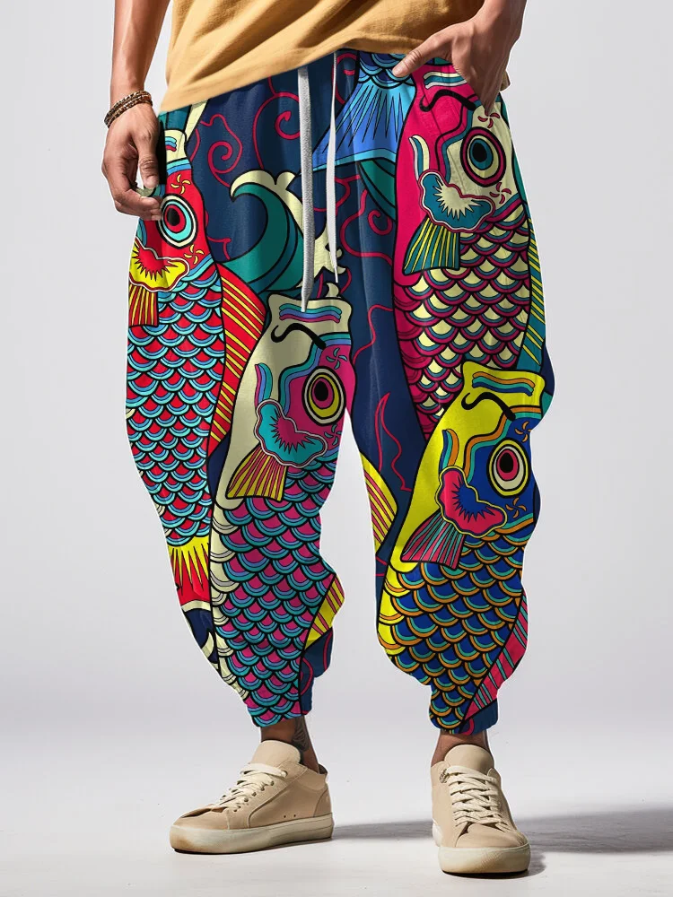 Men's Retro Fish Art Print Loose Drawstring Waist Sweatpants