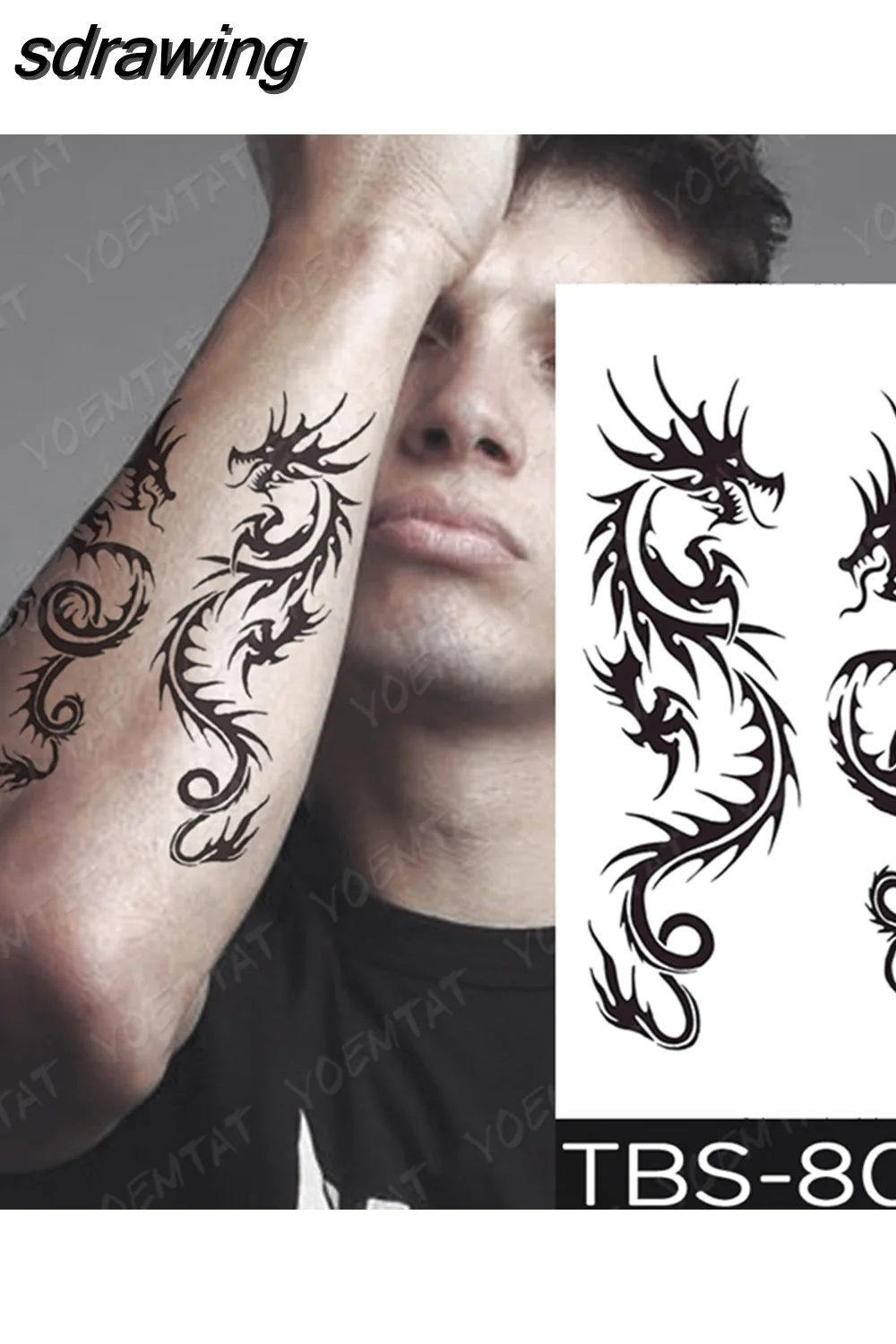 sdrawing Temporary Tattoo Sticker Yin Yang Dragon Feather Wings Flash Tattoos Wolf Totem Body Art Arm Fake Tatoo Men