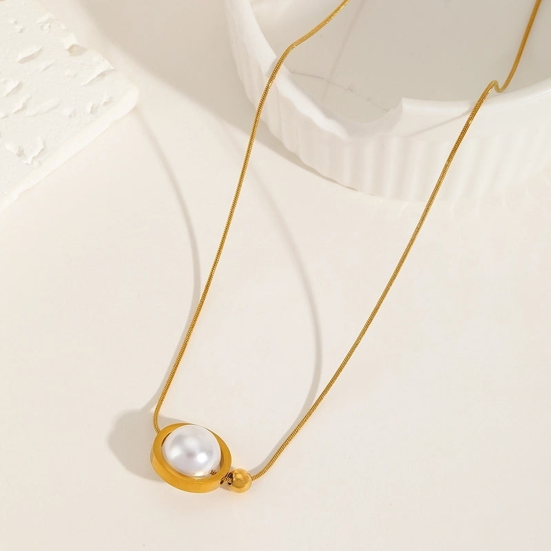 Casual Elegant Minimalist Round 304 Stainless Steel Imitation Pearl 18K Gold Plated Plating Inlay Pendant Necklace