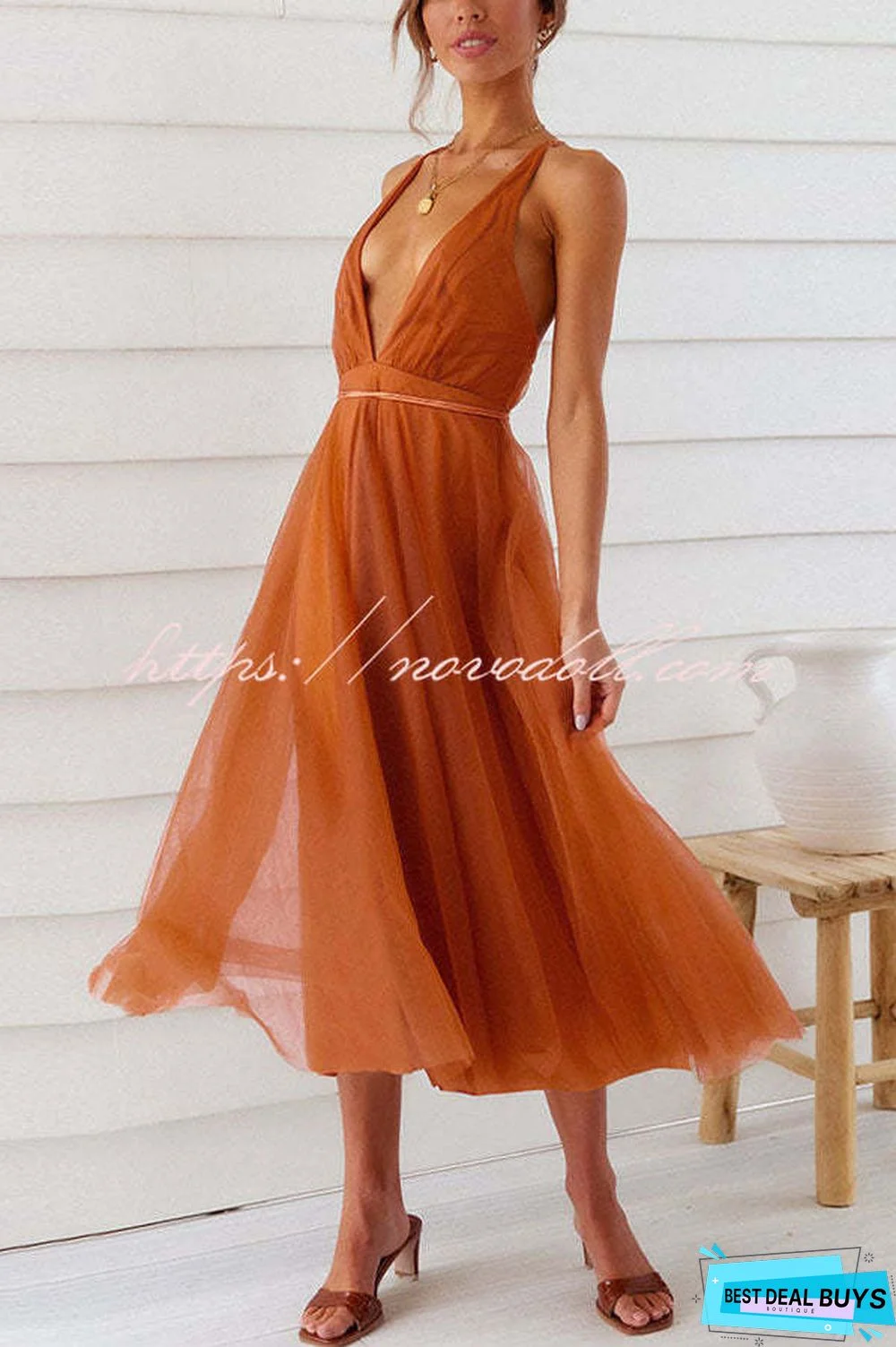 Feeling Romantic V Neck Tulle Midi Dress