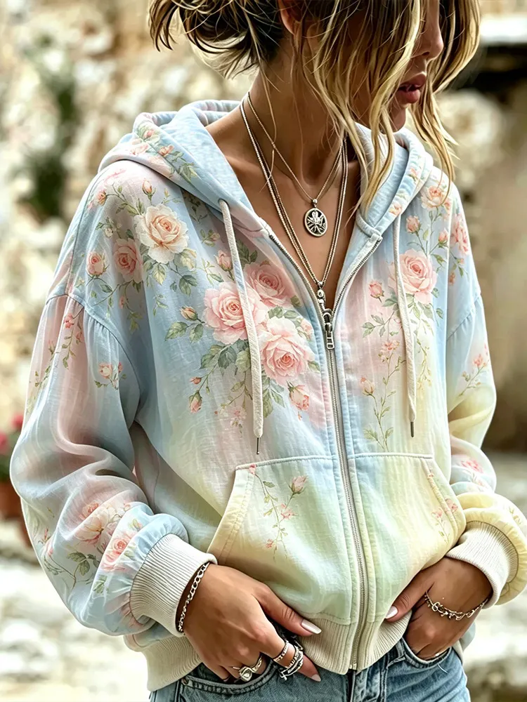 Comstylish Women's Vintage Rose Floral Art Print Tie-dye Casual Cotton And Linen Hoodie