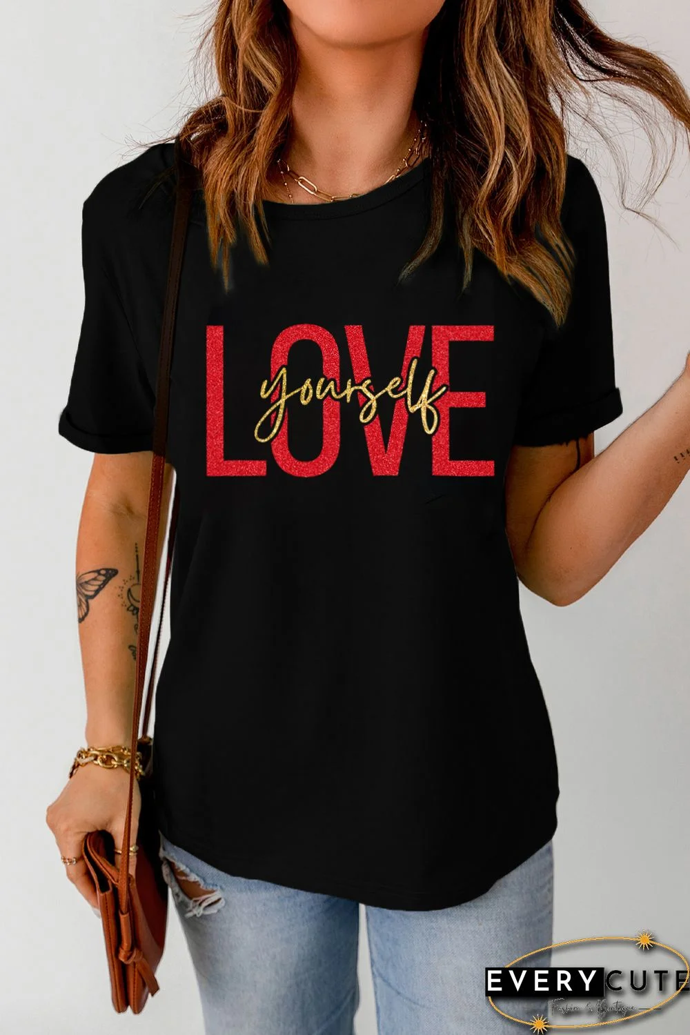 Black LOVE Yourself Glitter Pattern Print Short Sleeve T Shirt