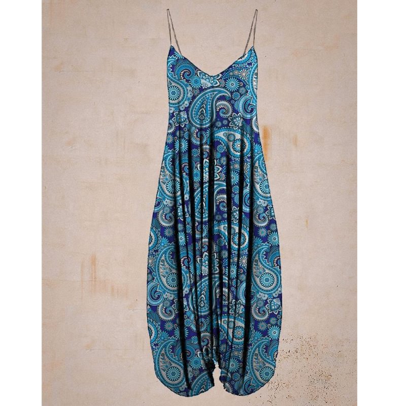 Printed Suspenders Beach Loose Jumpsuit