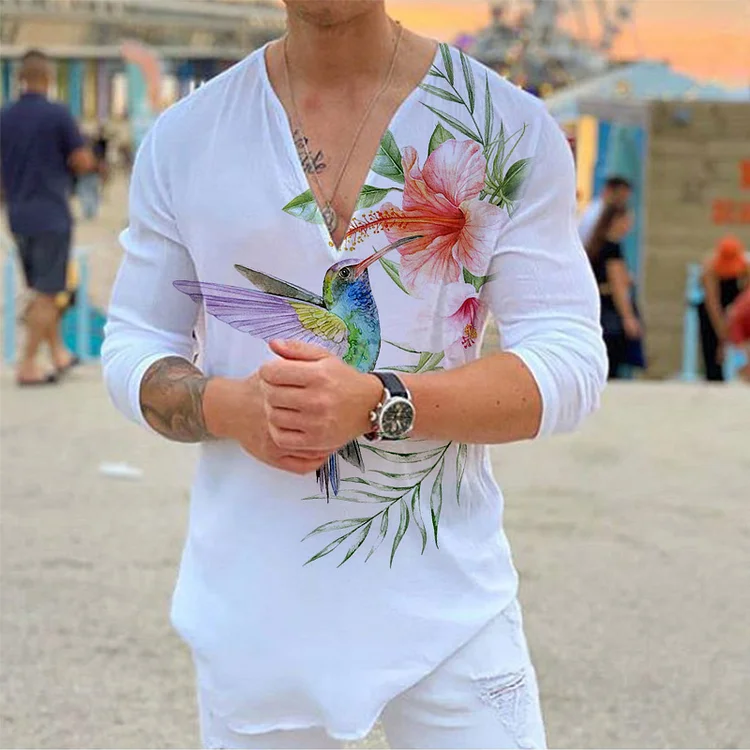 Floral and Hummingbird men's casual V-neck T-shirt