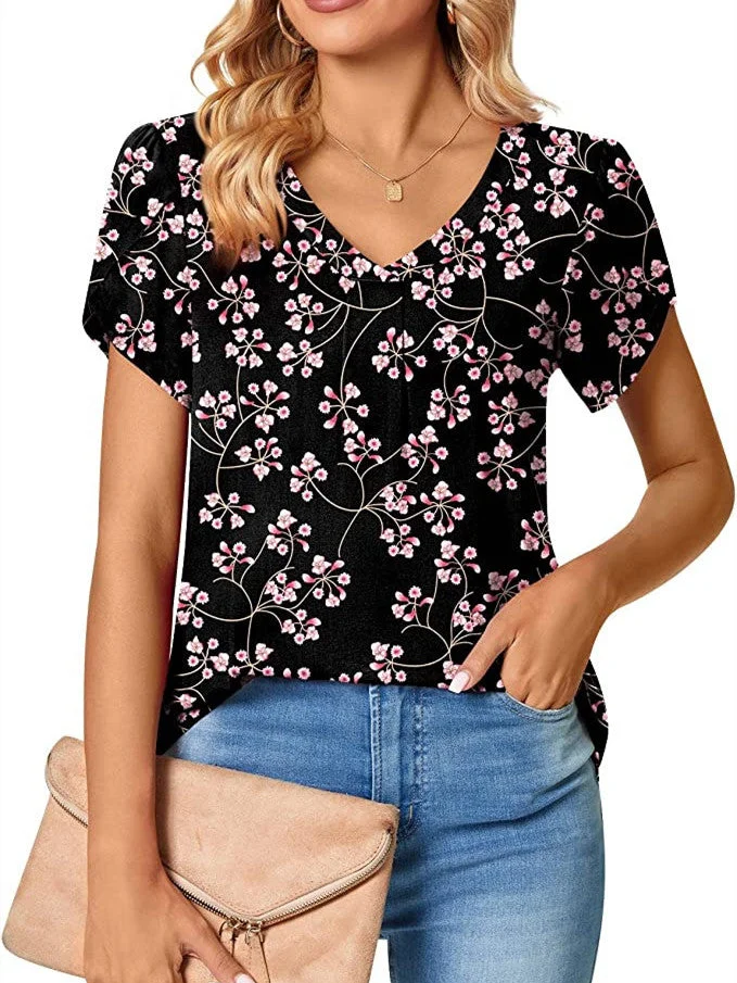 Women's Short-sleeved V-neck Geometric Flower Print Casual Top