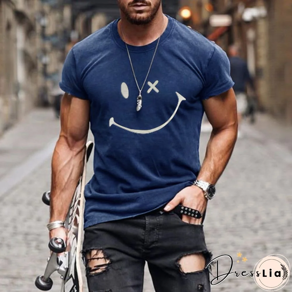 Mens Fashion Washing Short Sleeve Smiley T-Shirt