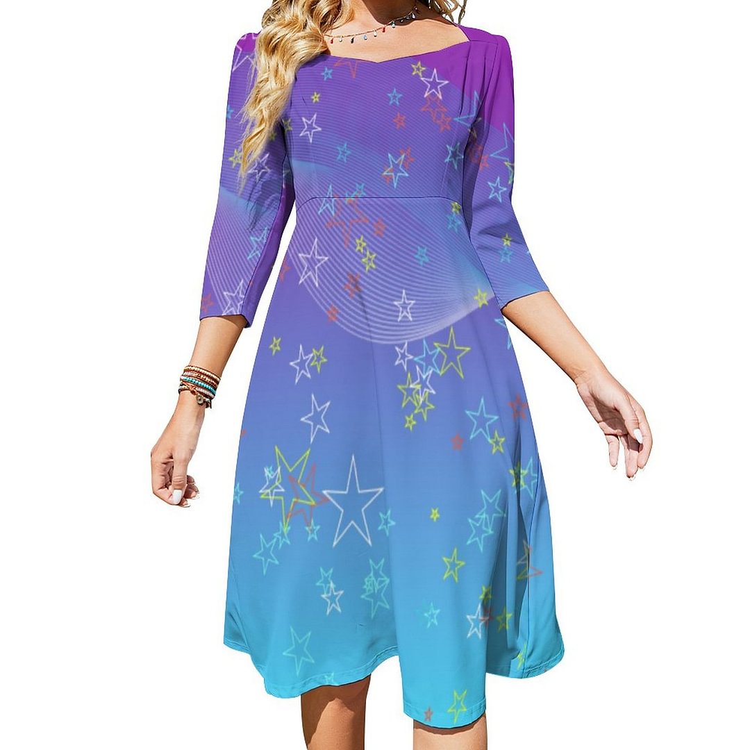 Abstract Scattered Stars On Purple To Blue Ombre Dress Sweetheart Tie Back Flared 3/4 Sleeve Midi Dresses