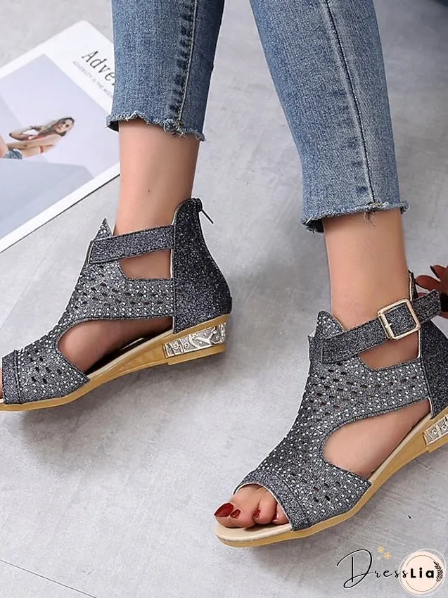 Womens Sandals Wedge Plus Size Party Outdoor Work Summer Spring Rhinestone Heel Peep Toe