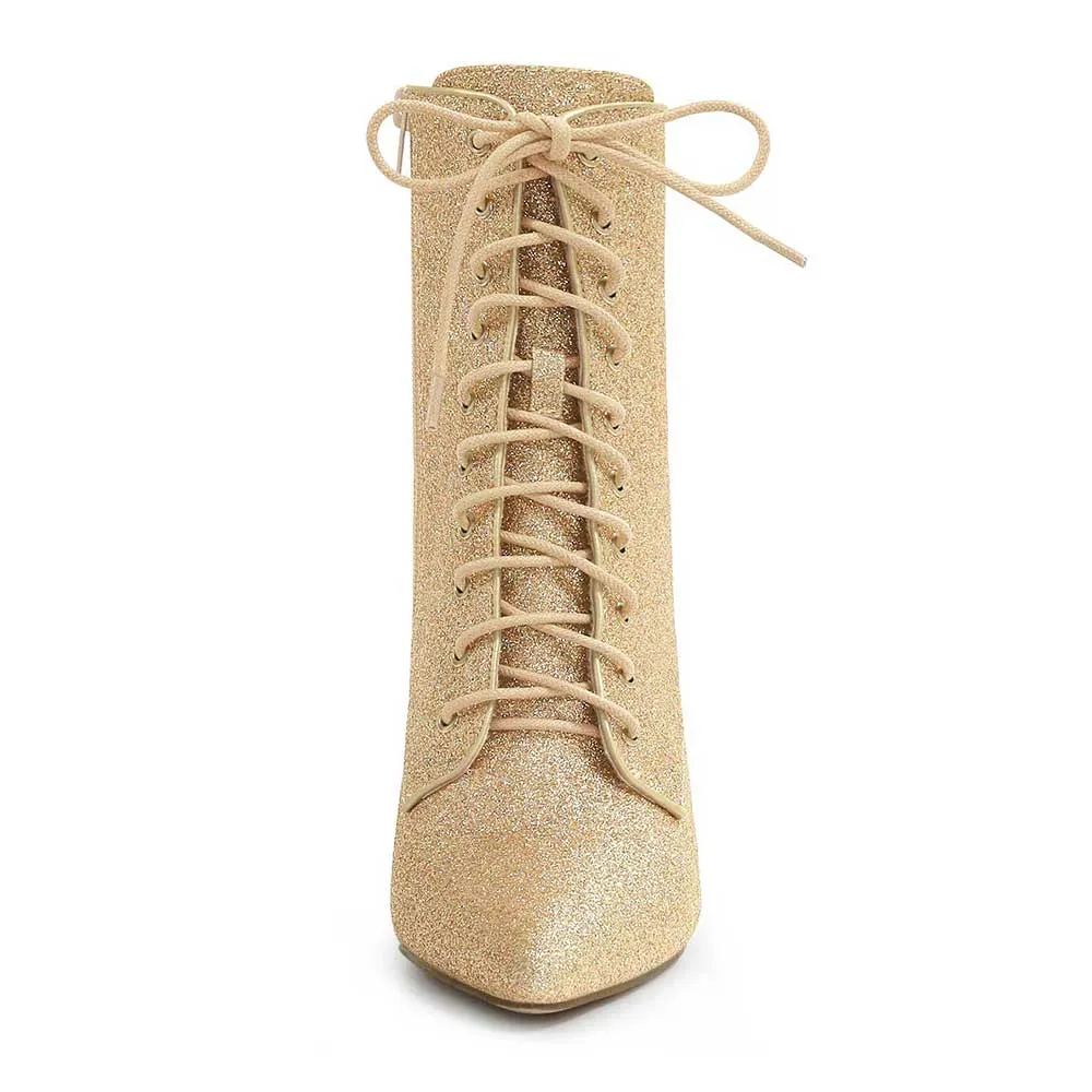Eye-Catching Gold Pointed Toe Lace Up Side Zipper Glitter Boots