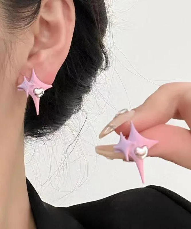 Cute Pink Alloy Star Love Stud Earrings