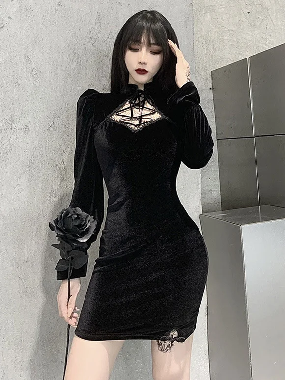 Black Gothic Dress Front Lace Bandage Polyester Black Women's Dress Novameme