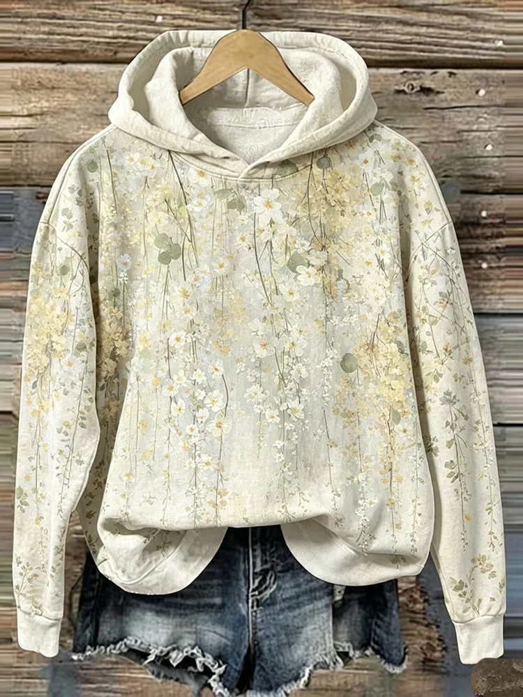 Comstylish Vintage Spring Floral Art Plant-dyed Casual Hoodie