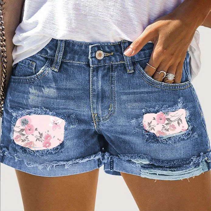 Printed Cuffed Ripped Denim Shorts