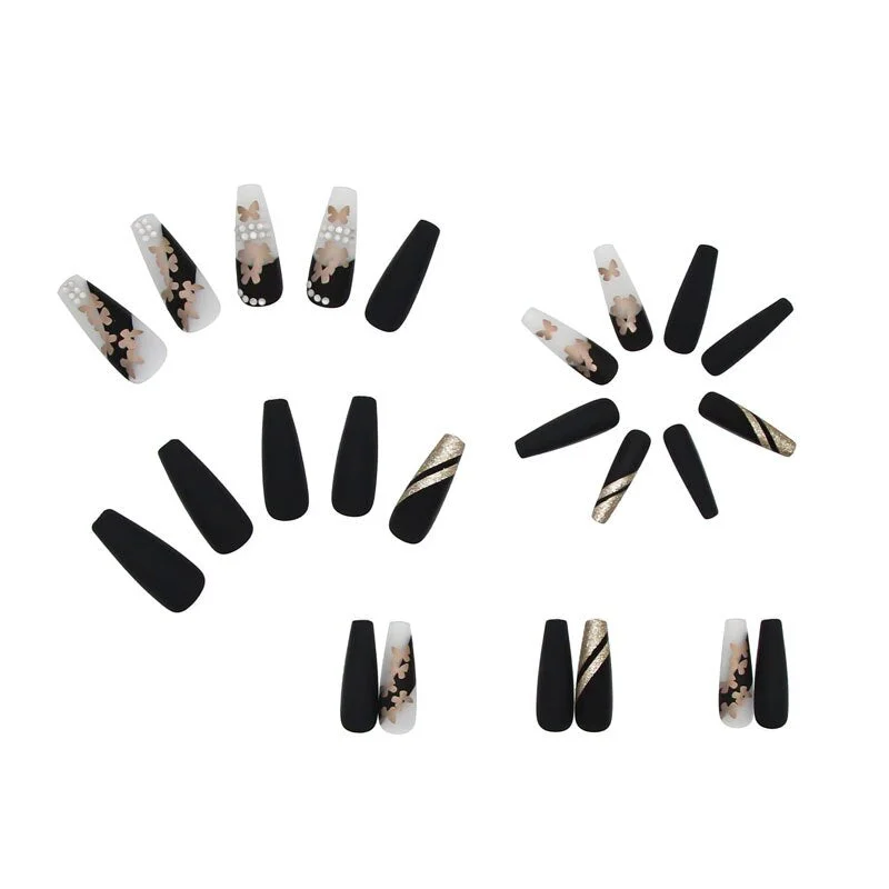 24pcs/Set Dark Black False Nails Detachable Gold Butterfly Pattern Matte Coffin Fake Nails Acrylic Ballerina Nail Art Full Tips-Nail Inspo