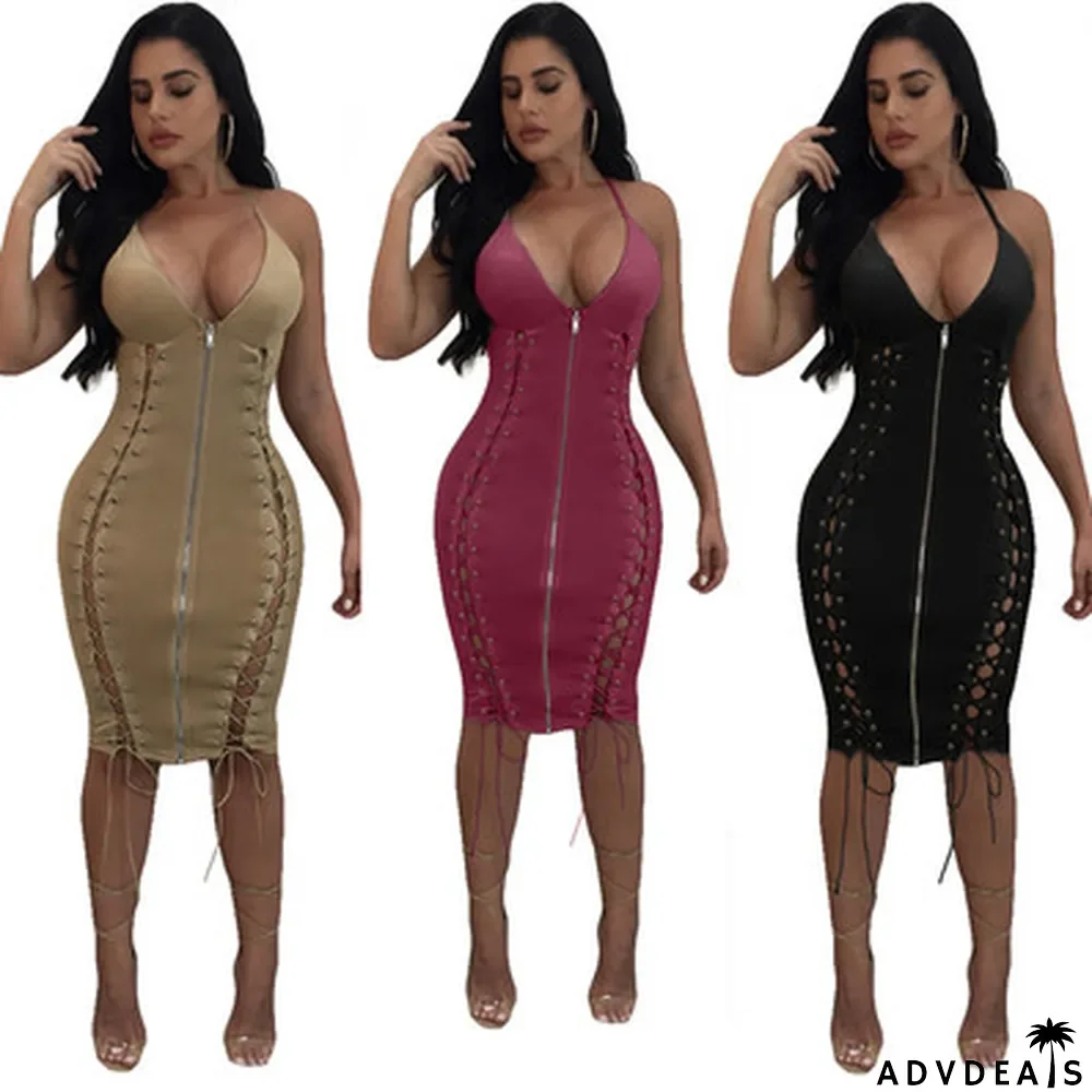 Sexy Strappy Double-sided Eyelet Straps Slim-fit Leather Dress