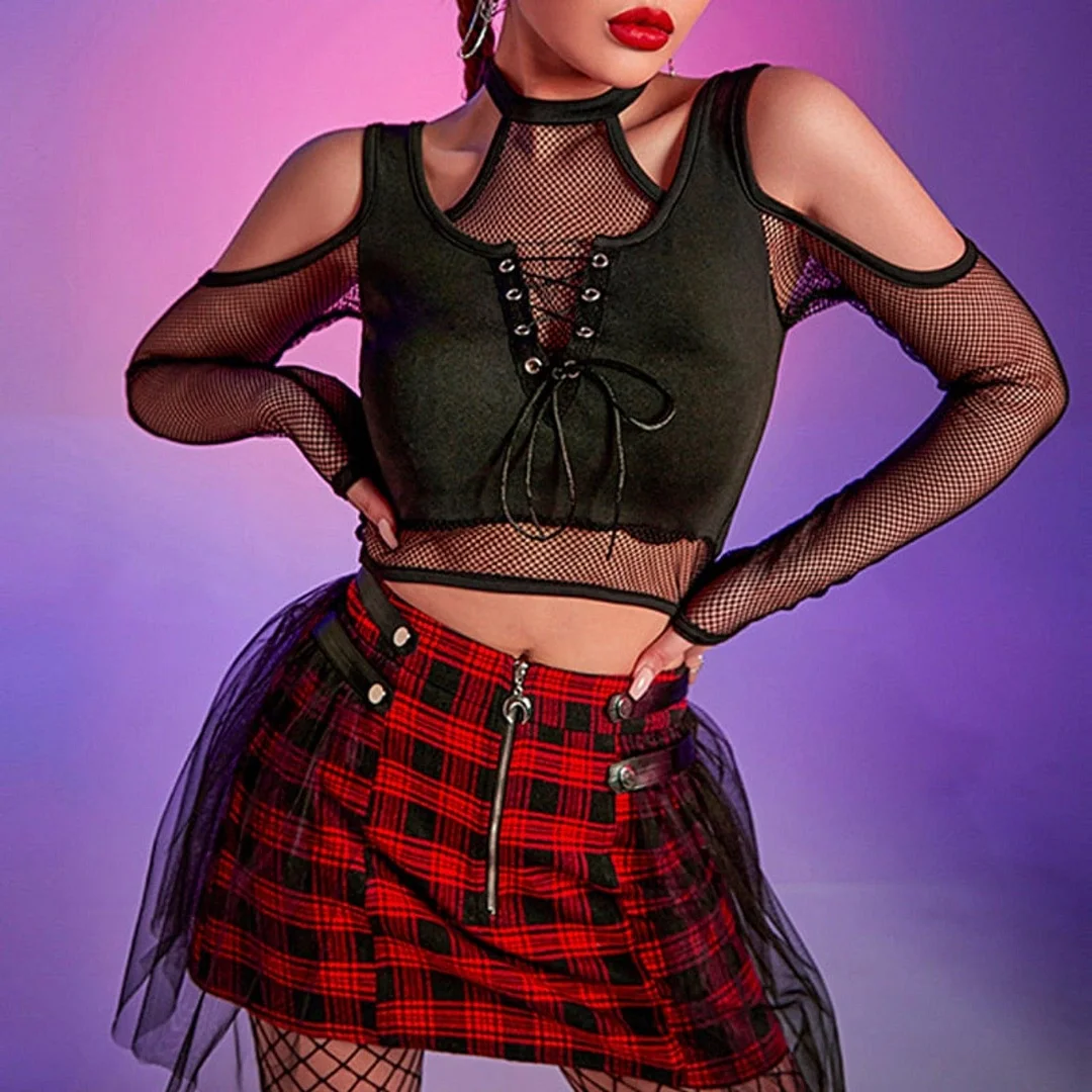 Fishnet Lace Up Crop Top with Cut Out Shoulder in Black