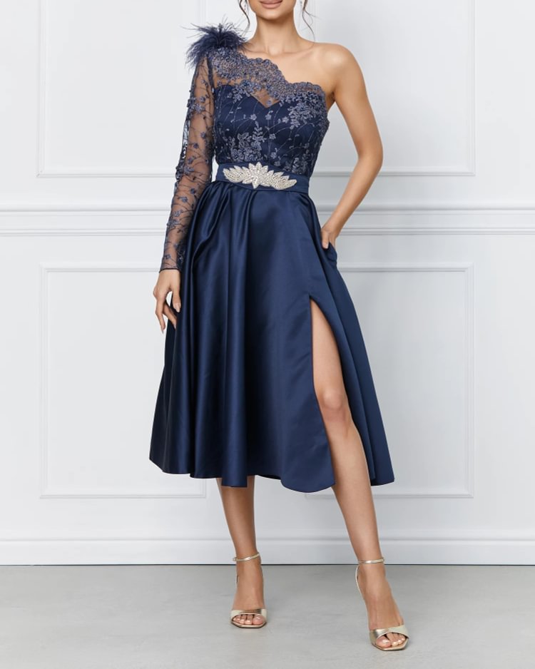 One Shoulder Mid Dress with Lace