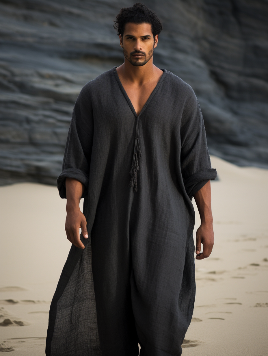 Dark Grey Men Linen Kaftan Solid Long Caftan