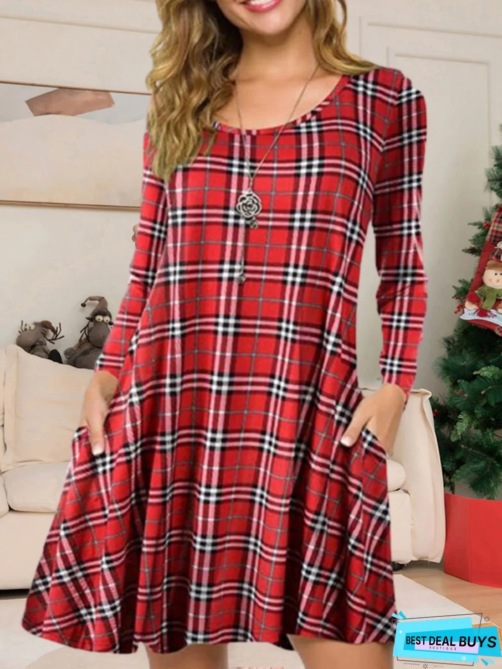 Plaid Crew Neck Dress