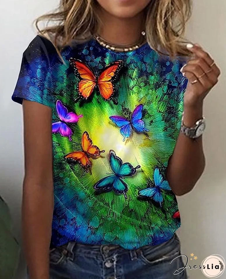 Women's T shirt Tee Graphic Butterfly Blue Print Short Sleeve Daily Weekend Basic Round Neck Regular Fit